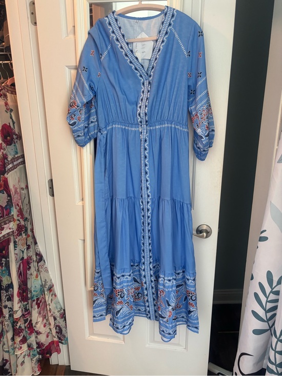 Dresses & Skirts - Blue Embroidered printed Tiered Maxi Dress